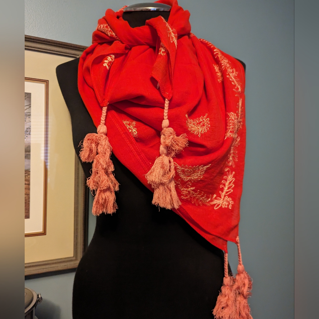 Lucky Brand Embroidered Cotton Scarf 41 Square Tassels At Corners